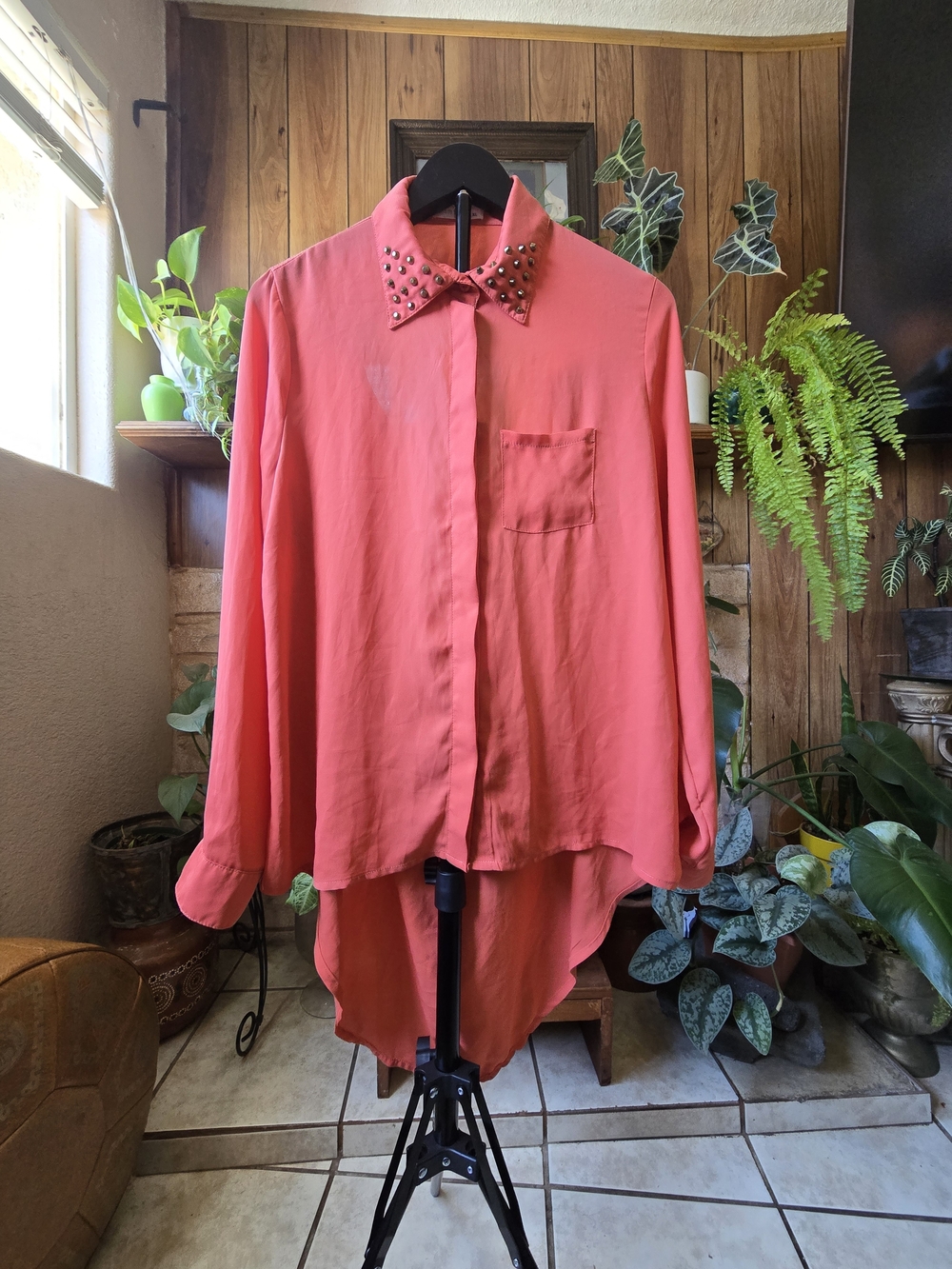 Coral Stud-Trim High-Low Button-Up Shirt - Women